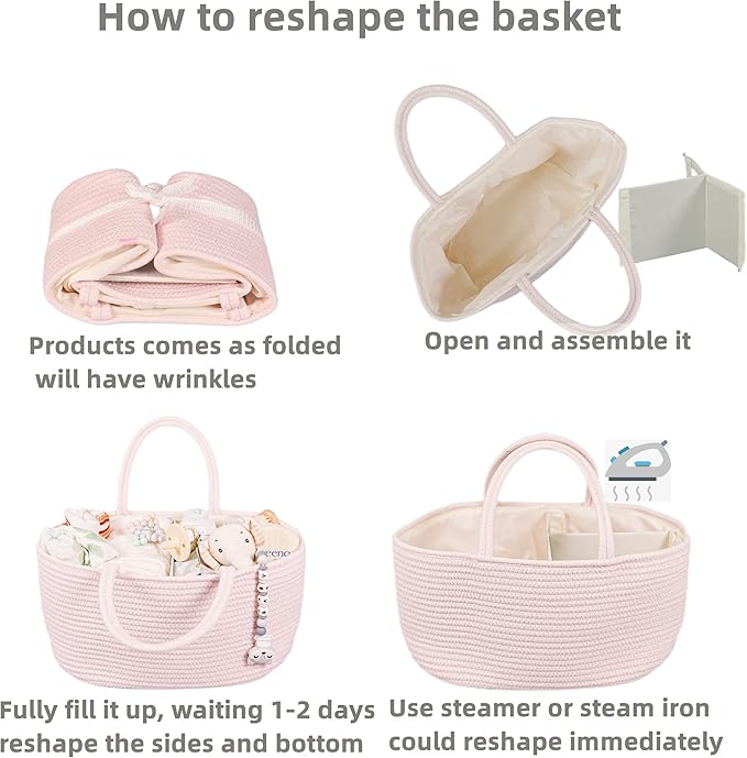 Large Baby Diaper Caddy Organizer for Girl Boy Rope Nursery Storage Bin Basket Portable Holder Tote Bag for Changing Table Car Travel Baby Shower Gifts Newborn Essentials Registry Must Haves Pink