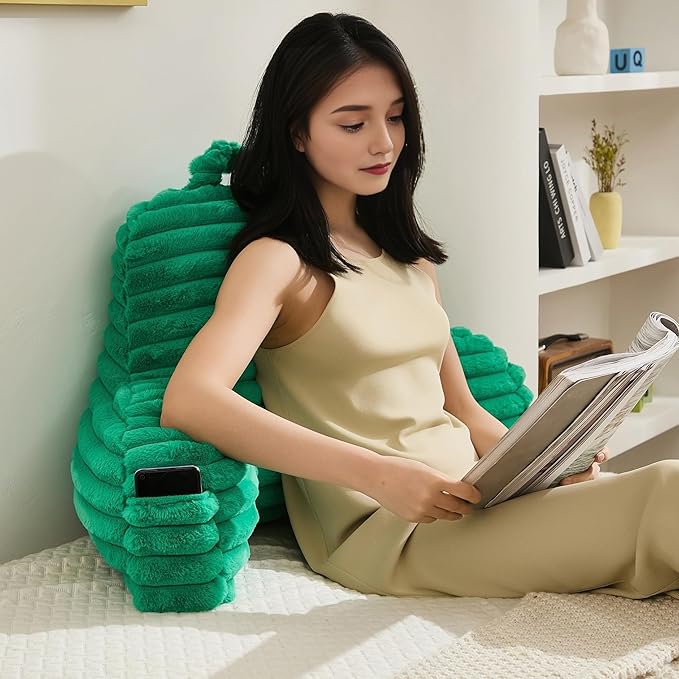 Faux Fur Fluffy Emerald Reading Pillow with Pockets, Luxury Striped Plush Decorative, Arm Rests and Back Surport for Bed Rest, Lounging on sofa, Standard