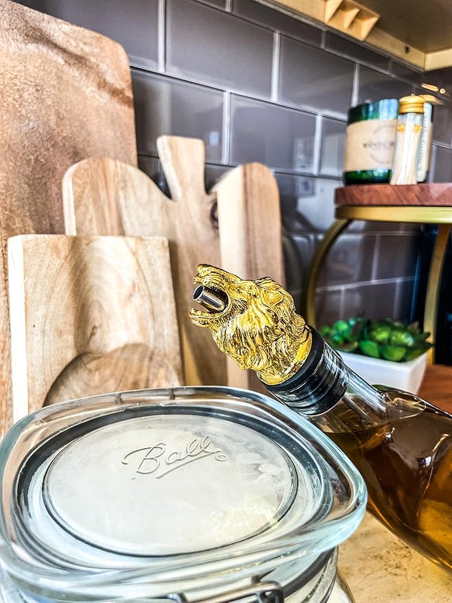 Wine & Olive Oil Pourer | Gold Color Stainless Steel | Bottle Stopper Aerator for Whiskey and Liquor | Decanter and Bar Tools Accessories and Gift Set Ideas for Her and Him (LION)