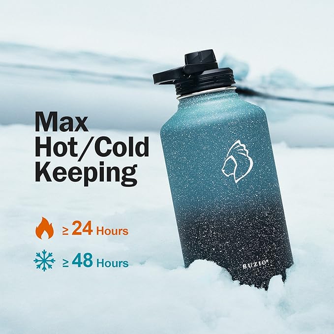 BUZIO Water Bottle with Straw lid, Spout Lid, Hand Lid and Carrying Pouch, 32oz 40oz 64oz Stainless Steel Water Flask Jug, Cold for 48 Hrs Hot for 24 Hrs Double Vacuum Thermo Canteen Mug, BPA-Free