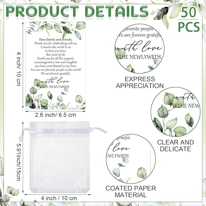 Barydat 50 Sets Wedding Favors for Guests Bulk Engraved Wood Wine Bottle Corks Wine Stopper with Wedding Thank You Cards and Organza Bags Wedding Appreciation Gifts for Guest Thank You Gifts (Novelty)