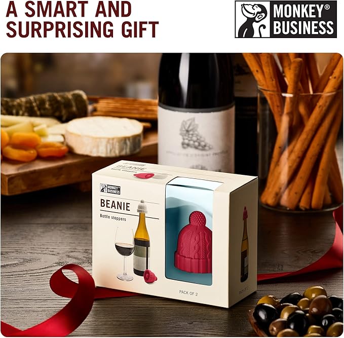 Beanie Cap Decorative Silicone Bottle Stopper in a Gift Box, Set of Two, Novelty Cork, Beverage and Wine Keeper, Champagne Bottle stoppers (Red & Grey)