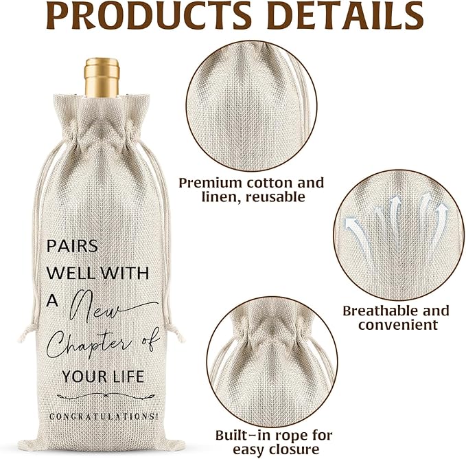 New Job Gifts Wine Gift Bags for Wine Bottles Gifts, Simplicity Linen Fabric Farewell Goodbye Gifts for Coworkers, Farewell Gifts Friends Going Away Gifts for As New Beginnings Women New Job Gifts
