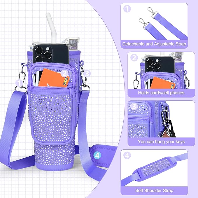 Bling Diamond Water Bottle Carrier Bag with Phone Pocket for Stanley 40/30 oz Tumbler with Card Holder,Neoprene Water Bottle Holder Pouch with Adjustable Strap for Stanley Cup Accessories