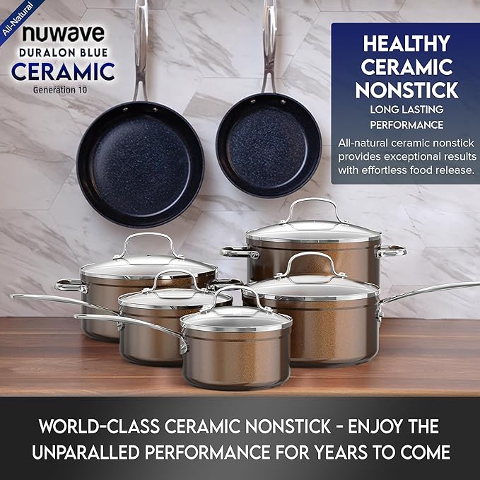 Nuwave Healthy Duralon Blue Ceramic Nonstick Cookware Set, Diamond Infused Scratch-Resistant, PFAS Free, Dishwasher & Oven Safe, Induction Ready & Evenly Heats, Tempered Glass Lids & Stay-Cool Handles