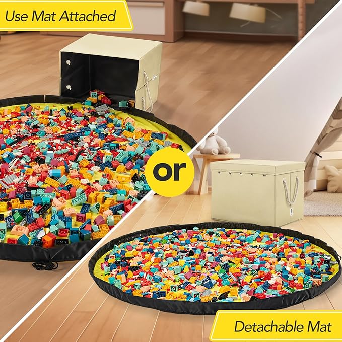 Toy Storage Organizer and Play Mat for Kids - Foldable Organizer Storage Bins with Lids - Detachable Mat Storage Bag Kids Toy Box for Boys, Girls, Nursery, Playroom 11.6''x11.6''x15.5''(Beige)