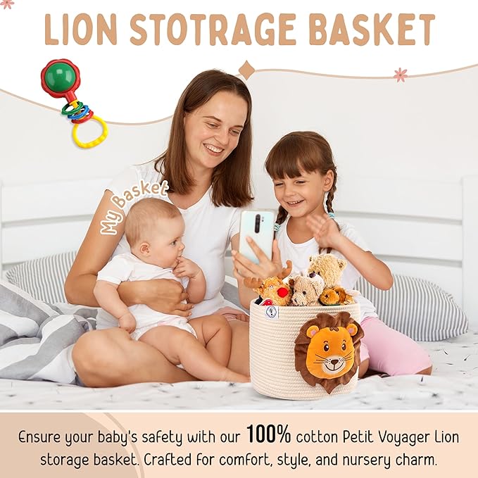 Lion Baby Basket - Charming Cotton Rope Nursery Basket, Cute Basket for Lion Nursery Decor and Toy Baskets for Kids Room, Decorative Animal Baskets for nursery