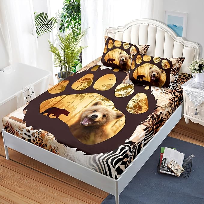 AILONEN Cute Bear Twin XL Fitted Sheet Set for Girls Boys, Bear Paw Sheet Leopard Print Fitted Sheet with 2 Pillowcases,3 Pieces Rustic Vintage Bear Bed Sheet Set