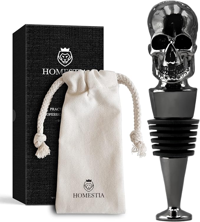 Homestia Wine Bottle Stoppers for Glass Bottles, Skull Bottle Stopper Reusable Wine Corks Black Wine Tool, Zinc-Alloy Silicone Wine Stoppers, Wine Toppers with Decors