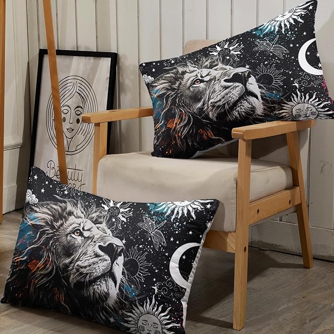 AILONEN Lion Print Queen Size Fitted Sheet Set for Boys, Sun and Moon Bed Sheet Cover Set Queen,3 Pieces Black and White Sheet Set Queen Galaxy Lion Fitted Sheet with 2 Pillowcases
