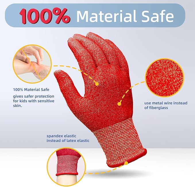 Schwer 2 Pairs MINI-KIDDO Kids Gardening Gloves MN1917, ANSI A6 Cut Resistant Kids Work Gloves, Kids Fishing Gloves, Food Grade Kids Gloves for Gardening, Wood Carving, Kitchen and DIY (XS, 6–8 Years)