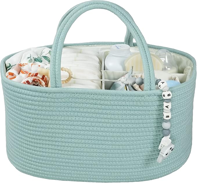 Large Baby Diaper Caddy Organizer for Girl Boy Rope Nursery Storage Bin Basket Portable Holder Tote Bag for Changing Table Car Travel Baby Shower Gifts Newborn Essentials Registry Must Have Green