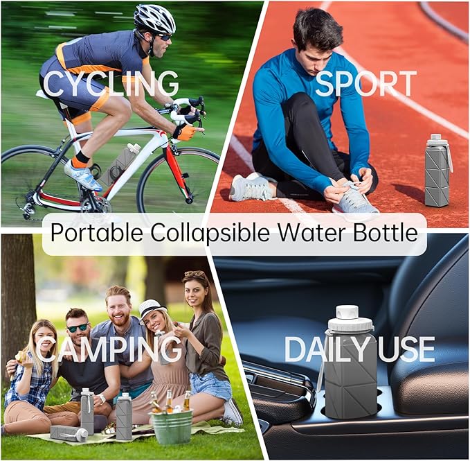 Collapsible Water Bottles,2 Pack Leakproof BPA-Free Silicone Foldable Portable Water Bottle 610ml,Lightweight 21oz Reusable Wide Mouth Water bottle for Travel Cycling Gym Camping Sports Outdoor