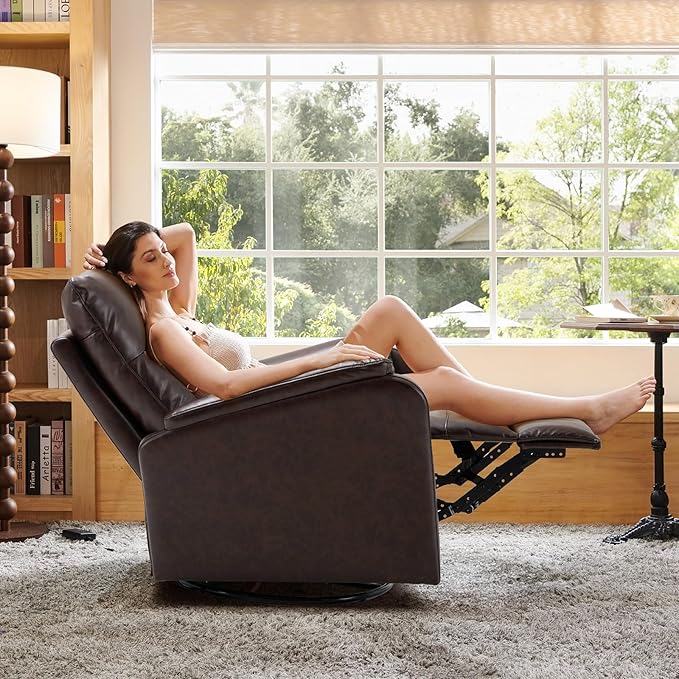 Swivel Rocking Recliner Glider Chair, Leather Reclining Rocker Chair with Footrest for Living Room, Nursery, Office, Bedroom, Ergonomic High Backrest, Wide Seat Cushion and Metal Base-Chocolate
