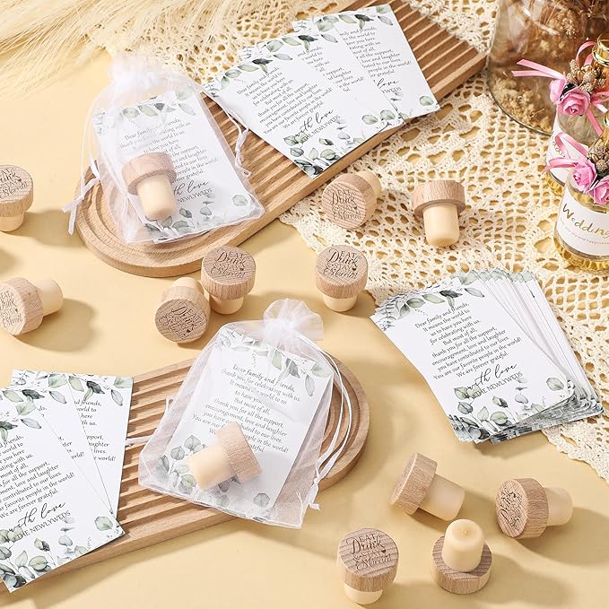 Barydat 50 Sets Wedding Favors for Guests Bulk Engraved Wood Wine Bottle Corks Wine Stopper with Wedding Thank You Cards and Organza Bags Wedding Appreciation Gifts for Guest Thank You Gifts (Bright)