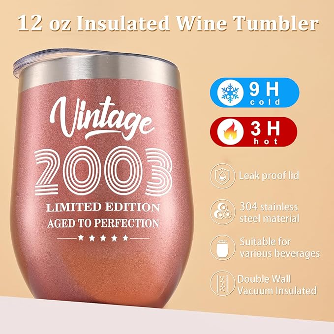 Lifecapido 21st Birthday Gifts for Her, 12oz Vintage 2003 Insulated Wine Tumbler with Wine Bag, Gifts for 21st Birthday Female, 21 Year Old Birthday Gifts for Her, 21st Birthday Presents for Daughter