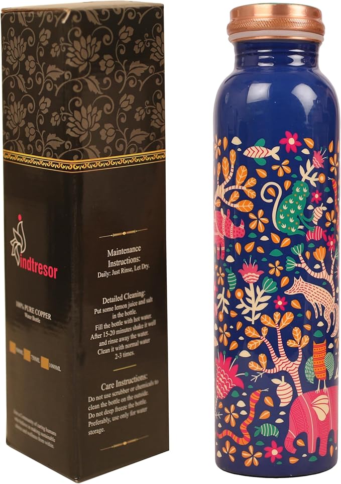 Pure Copper Water Bottle - Handcrafted - Ayurveda Health Benefits -Floral Animals Printed 35 OZ - Leak proof - Easy to carry For Sports, Fitness, Yoga, School - Vintage Enamel.