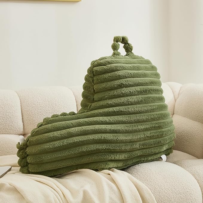 WERDIM Reading Pillow for Sitting in Bed, Faux Fur Back Pillow for Bed Rest, Bed Chair Pillow with Arms and Pockets(Standard, Sage)