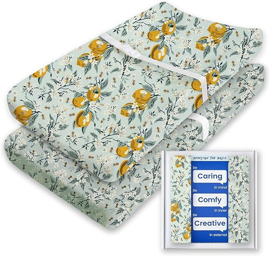 Changing Pad Cover for Girls Boys, TotBasic Premium Soft Boho Changing Table Covers, Stretchy Jersey Changing Table Sheets - Fits All Standard Changing Tables - 2 Pack (Lemon Honey)