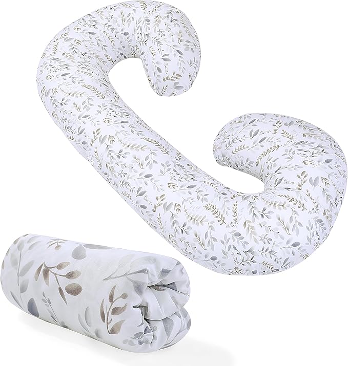 Floral Soft Pregnancy Pillow Cover (ONLY Pillowcase), C Shaped Luxurious Velvet Maternity Pillow Cover with Hidden Zip, Warm Large Pillow Protector for Side Sleeper, White, 60x34 in