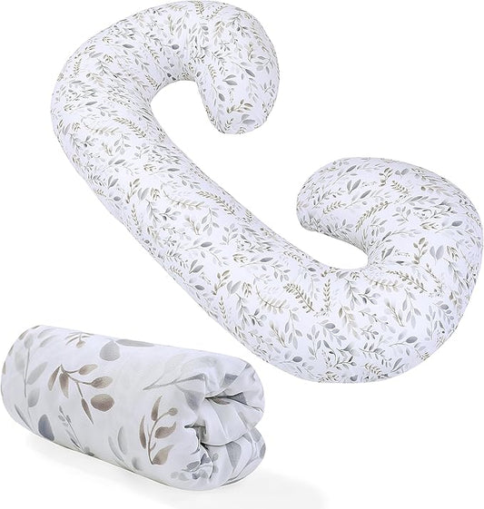 Floral Soft Pregnancy Pillow Cover (ONLY Pillowcase), C Shaped Luxurious Velvet Maternity Pillow Cover with Hidden Zip, Warm Large Pillow Protector for Side Sleeper, White, 60x34 in