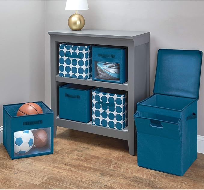 iDesign Dot Fabric Storage Cube Bin, Small Basket Container with Dual Side Handles for Closet, Bedroom, Toys, Nursery - Blue