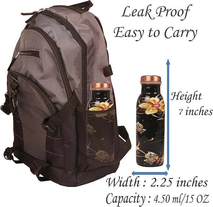 Pure Copper Water Bottle - Handcrafted - Ayurveda health benefits - Small 15 oz - Leak proof - Easy to carry for Sports, Fitness, Yoga, School - Textured Black Base Floral Colorful Enamel.