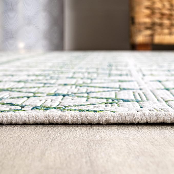 JONATHAN Y SMB108R-5R Ourika Moroccan Geometric Textured Weave Indoor Outdoor Area Rug, Bohemian Coastal Modern Easy Cleaning,Bedroom,Kitchen,Backyard,Patio,Non Shedding, Green/Ivory, 5' Round