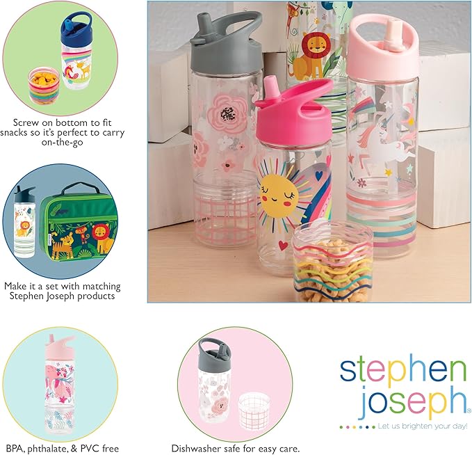 Stephen Joseph, Kids Sip and Snack Water Bottle, 12 oz Tritan BPA Free, Drink and Snack Water Bottle for Girls & Boys, Back to School Water Bottle, Pink Dino