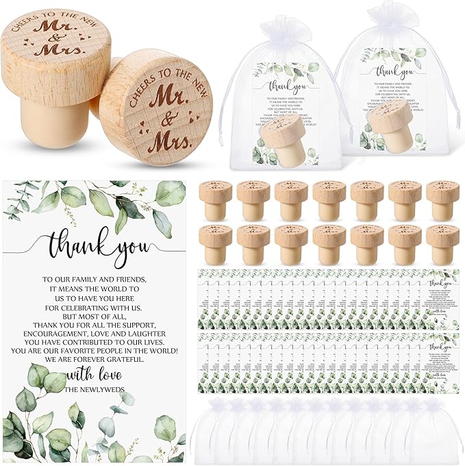 Barydat 50 Sets Wedding Favors for Guests Bulk Engraved Wood Wine Bottle Corks Wine Stopper with Wedding Thank You Cards and Organza Bags Wedding Appreciation Gifts for Guest Thank You Gifts (Classic)