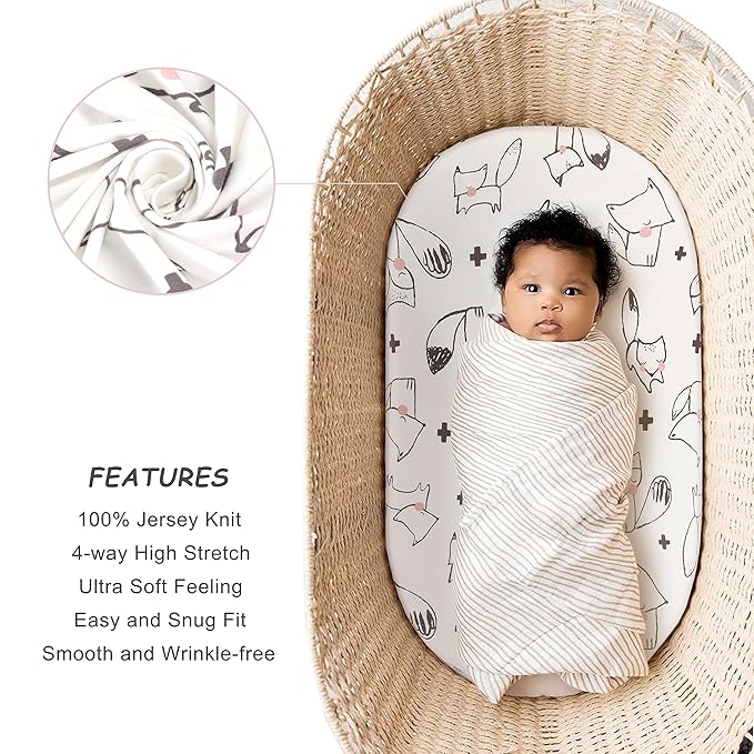 GRSSDER Stretchy Ultra Soft Fitted Bassinet Sheet Set 2 Pack, Universal Fit for Bassinets Baby Cradle Moses Basket Oval Rectangle Pad/Mattress, Cute Foxes and Rabbits Bassinet Sheets for Girls