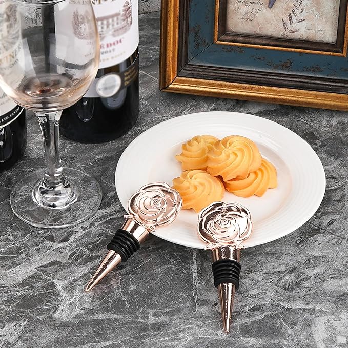 SHIDOW Rose Wine Bottle Stopper, Wine Bottle Stopper Rose Gold, Holiday Party, Wedding Birthday Party Decor Wine Stoppers Wine Lovers Funny Gifts, Wedding Bridal Shower Supplies (2 Pcs, Rose Gold)