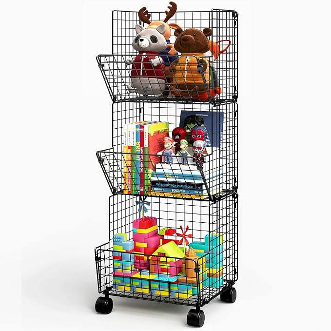 Sonyabecca Toy Organizer Basket Shelf with Wheel, S-Hooks, Rolling Cart Hanging Storage Baskets for Child Room, Playroom, Bedroom, Kitchen (Black)