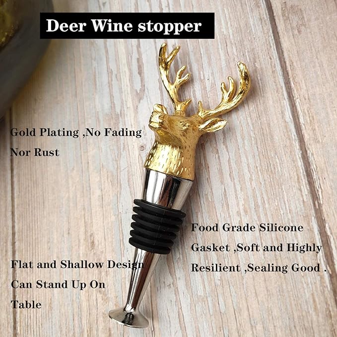Wine and Beverage Bottle Stopper,Funny Deer Decoratice wine stopper with Shiny Gold Finish, Reusable Food-Grade Zinc Alloy, Silicone wine stopper with Gift Box