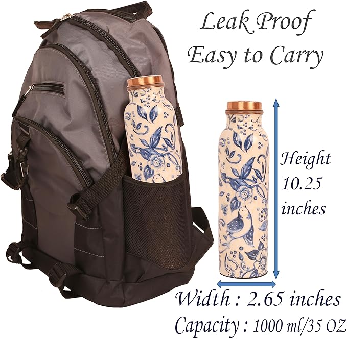 Pure Copper Water Bottle - Handcrafted - Ayurveda health benefits - Large 35 oz - Leak proof, Easy to carry for Sports, Fitness, Yoga, School- White Base Indigo Blue Floral Textured Enamel