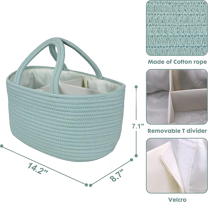 Diaper Caddy Organizer for Baby Cotton Rope Nursery Storage Bin Basket Portable Holder Tote Bag for Changing Table Car Travel Baby Shower Gifts Newborn Essentials Registry Must Haves Light Green