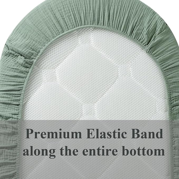Muslin Bassinet Sheet Compatible with Snoo Smart Sleeper, Dream On Me Lacy Portable, Safety 1st Sleeper Bassinet, 2 Pack Cotton Fitted Bassinet Sheets for Baby Roman Green & Botanical Leaf