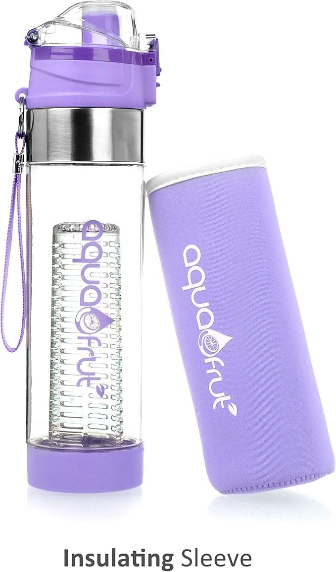 NEW Improved AquaFrut Bottom Loading Fruit Infuser Water Bottle Complete Bundle Includes Bottle Brush, Insulating Sleeve & Infusion Recipe eBook. Leak Proof Sweat Proof BPA-Free (Purple)