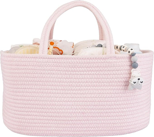 Large Baby Diaper Caddy Organizer for Girl Boy Rope Nursery Storage Bin Basket Portable Holder Tote Bag for Changing Table Car Travel Baby Shower Gifts Newborn Essentials Registry Must Haves Pink