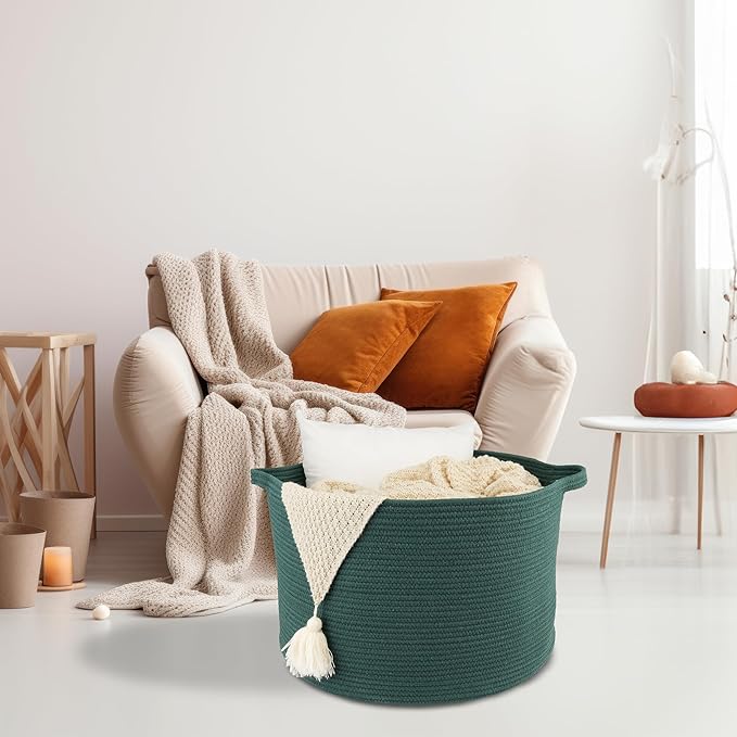 Large Cotton Rope Basket Blankets Basket Living Room 22"x14" Toy Basket for Kids Rope Storage Basket for Nursery Woven Laundry Basket for Clothes Towels Baby Toy Storage round dark green