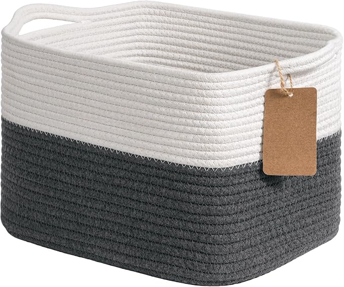 Goodpick Woven Storage Basket for Shelves, Baskets for Organizing, Cotton Rope Basket with Handles, Rectangle Basket for Baby Toy Storage, 13 x 10 x 9 Inches, White & Dark Grey
