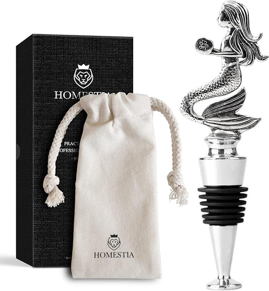 Homestia Wine Bottle Stoppers for Glass Bottles, Mermaid Bottle Stopper Reusable Wine Corks Wine Tool, Zinc-Alloy Silicone Wine Stoppers, Wine Toppers with Decors