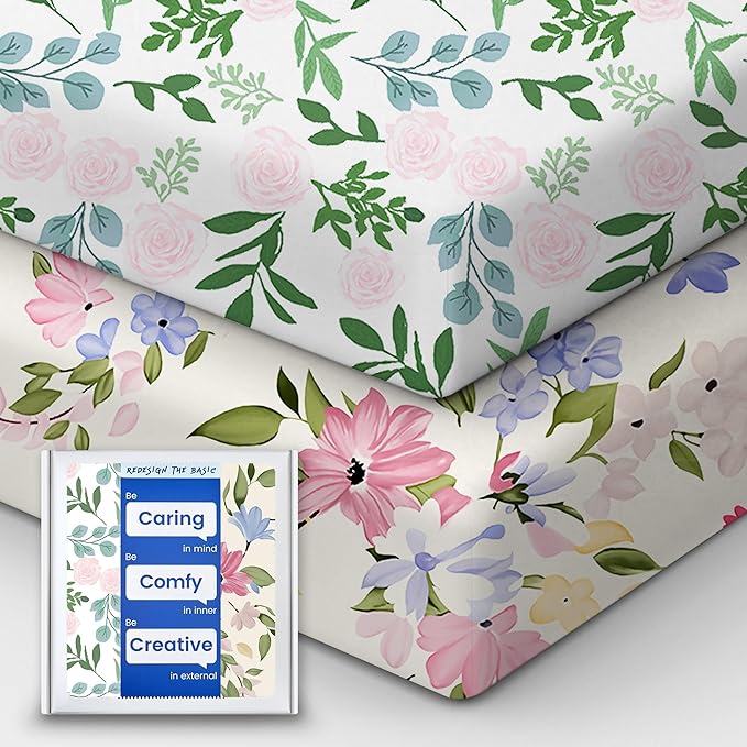 Baby Crib Sheets Girl, TotBasic Premium Soft Crib Mattress Sheet, Ultra Breathable Floral Crib Sheet Fitted, Super Stretchy Jersey Cotton Crib 28" x52‘’x9'' Extra Deep Pocket (Pastel Rosa)