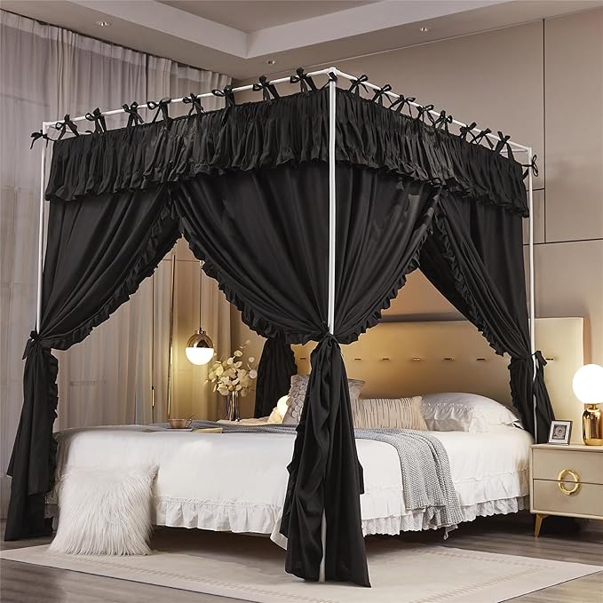 4 Corners Post Princess Ruffle Curtain Bed Canopy Lace Up Elastic Cozy Breathable Tent Mosquito Net for Girls Bedroom Decoration(Black, 47-53" W*78" L*82"*H/Full)