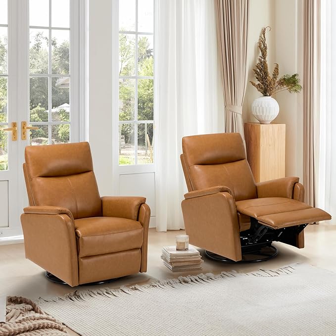 Swivel Rocking Recliner Glider Chair, Leather Reclining Rocker Chair with Footrest for Living Room, Nursery, Office, Bedroom, Ergonomic High Backrest, Wide Seat Cushion and Metal Base-Camel