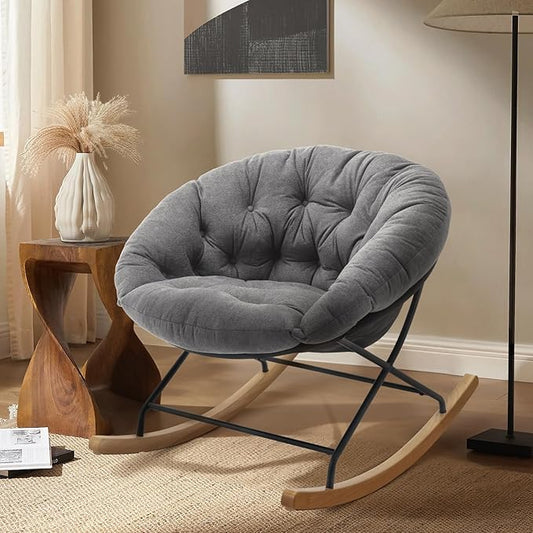 COLAMY Rocking Chair Nursery, Upholstered Glider Rocker Accent Chair Saucer Armchair with Comfy Cushions, Wood Base and Metal Legs for Living Room, Bedroom, Office, Grey