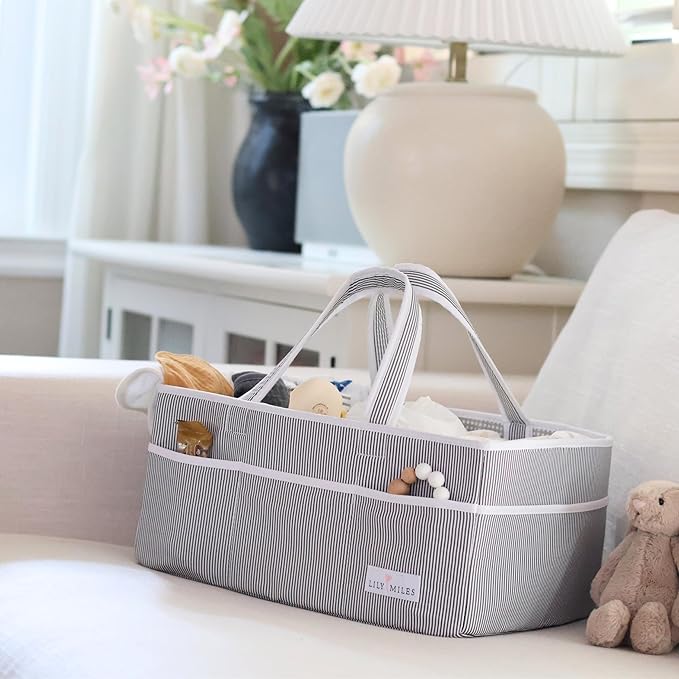 Lily Miles Baby Diaper Caddy Organizer - Baby Shower Basket for Newborn Boys or Girls - Nursery Must Haves for New Mom - Baby Registry Favorites - Large Storage Tote for Changing Table or Car, Gray