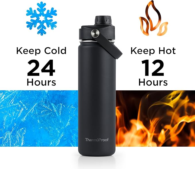 ThermoProof Hot & Cold Insulated Stainless Steel Water Bottle, Durable Leak Proof Gym Bottles for Men, Women & Kids, Double Walled Vacuum Bottles - 2 Lids (Black, 22oz)
