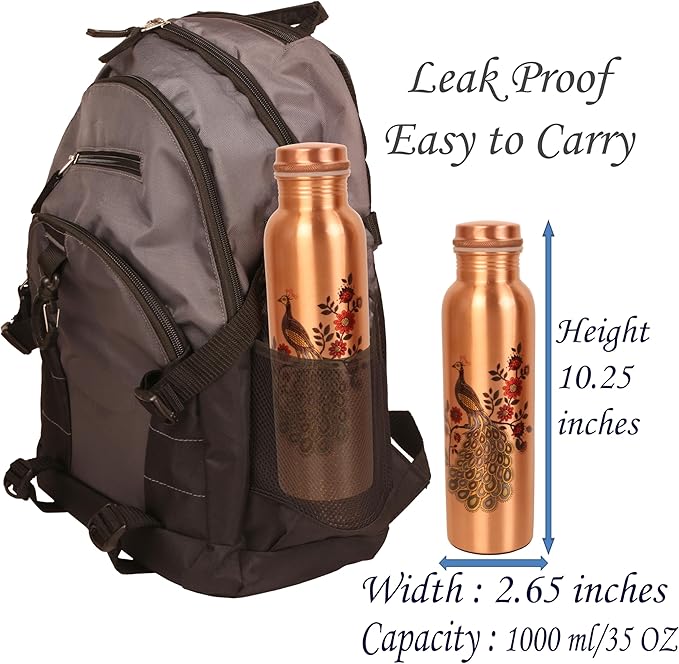 Pure Copper Water Bottle - Handcrafted - Ayurveda health benefits - Large 35 oz - Leak proof - Easy to carry for Sports, Fitness, Yoga, School - Natural Copper Finish Peacock Motif Enamel