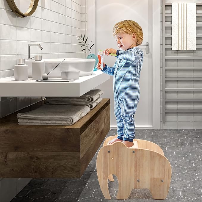 Wooden Step Stool for Kids, Toddler Step Stool of Elephant Shape Two Step Children's Stool for Bathroom Sink, Kitchen, Bedroom, Potty Training